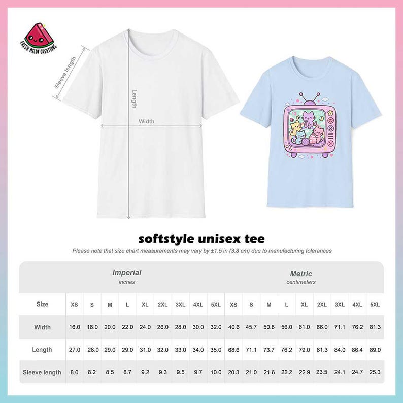 Unisex softstyle tee size chart showing width and length measurements in inches and centimeters.