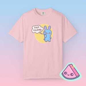 Blossom pink Comfort Colors tee featuring blue bunny “not today” graphic, cute sarcastic bunny shirt for women