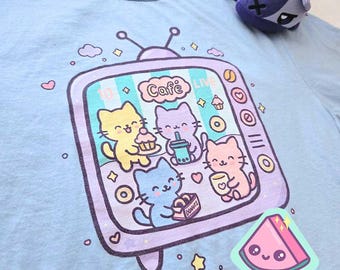 Fairy Kei Kawaii Cafe Tee, Yume Kawaii Pastel Retro TV Cat Shirt, Dreamy Cute Graphic Tee, Harajuku Aesthetic Pastel Shirt – Cat TV Series 2