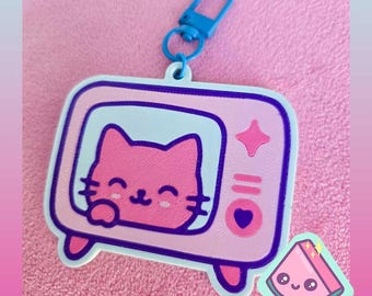Cute Cat Keychain | Kawaii Cat Keychain | Pastel TV Cat Charm | Cute Kawaii Accessories | Fairy Kei Accessories