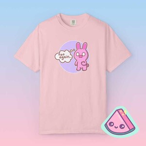 Blossom pink Comfort Colors tee with kawaii pink bunny “not again” graphic, cute sarcastic bunny shirt for introverts