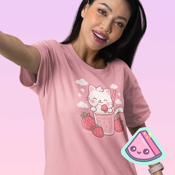 Kawaii Strawberry Milkshake Shirt, Harajuku Cat Pastelcore Kitten