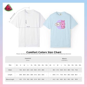 Comfort Colors unisex t-shirt size chart with measurements for width, length and sleeve