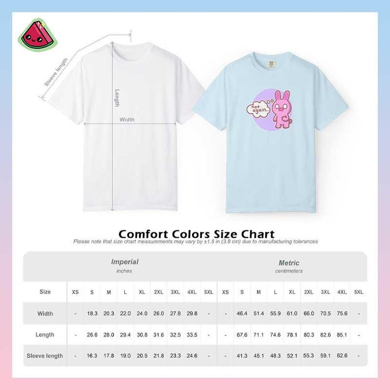 Comfort Colors unisex t-shirt size chart with measurements for width, length and sleeve