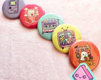 Kawaii Button Pin Set, Cute Pastel Chibi Cat, Ghost & Retro Anime Pins, Aesthetic Accessories for Bags, Jackets and ita Bags