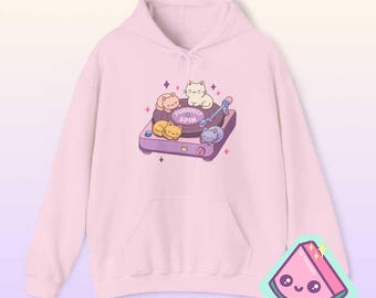 Sweat à capuche pour tourne-disque chat kawaii, sweat-shirt Fairy Kei et Yume kawaii harajuku pour mélomanes, design Purrfect Spin