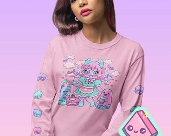 Camisa de manga larga Yume Kawaii: Colección Monster Girl, con detalle de macarrón, top pastel Harajuku