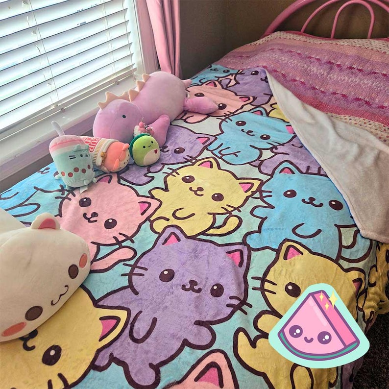 50x60 Kawaii Cat Blanket, Pastel Kitty Plush Throw, Soft Fairy Kei Velveteen Fleece Blanket, Cute Cozy Bedroom Decor Gift for Cat Lovers