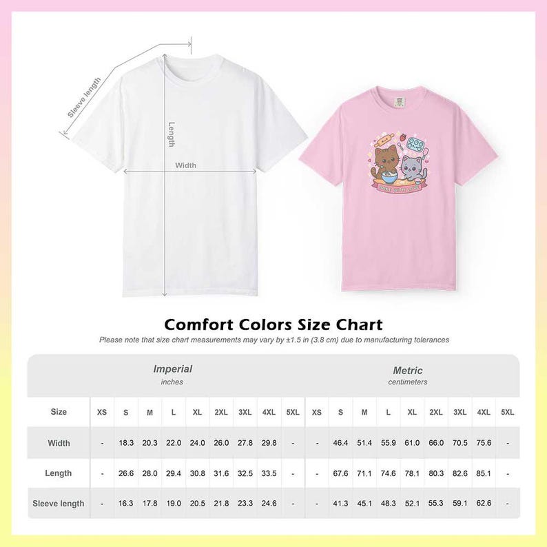 Puede incluir: Se muestran dos camisetas, una blanca y otra rosa, con una tabla de tallas que detalla las medidas en pulgadas y cent&iacute;metros. La camiseta rosa presenta un dise&ntilde;o de gato de dibujos animados horneando. La tabla incluye medidas de ancho, largo y largo de manga para varias tallas.