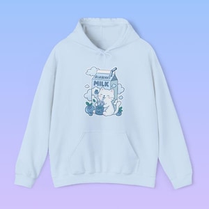 Pastelcore Kawaii Blueberry Milk Cat Hoodie, Yume Kawaii Harajuku Pullover, Cute Japanese Aesthetic Pastel Cat Sweatshirt