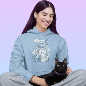 Pastelcore Kawaii Blueberry Milk Cat Hoodie, Yume Kawaii Harajuku Pullover, Cute Japanese Aesthetic Pastel Cat Sweatshirt