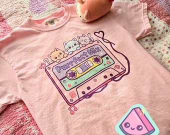 Kawaii Cat T-Shirt, Fairy Kei Cassette Graphic Tee, Pastel Retro 80s Shirt