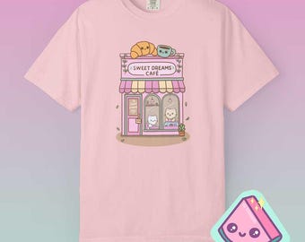 Maglietta Kawaii Cat Cafe / Maglietta con gatto carino color pastello / Maglietta grafica morbida per ragazze / Regalo per amanti dei gatti