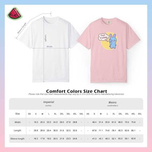 Comfort Colors unisex t-shirt size chart with width, length and sleeve measurements