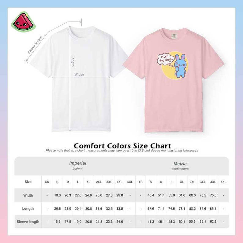 Comfort Colors unisex t-shirt size chart with width, length and sleeve measurements