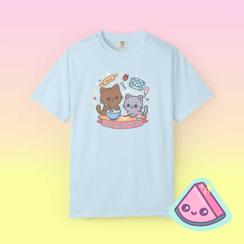 Kawaii Cat Shirt – Bake With Love Pastel Yume Kawaii Graphic Tee, Soft Girl Aesthetic T-Shirt, Dreamy Pastel Fashion Top Comfort Colors Tee in Chambray Blue