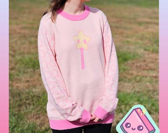 Kawaii Knit Star Wand Sweater – Pastel Pink Pullover with Star Sleeves – Cozy Unisex Fairy Kei Top