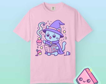 Pastel Witch Cat Shirt, Kawaii Wizard Cat Cupcake Tee, Comfort Colors Cute Anime Graphic, Magical Cat Lover Gift