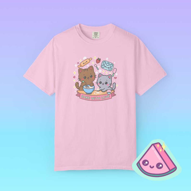 Kawaii Cat Shirt – Bake With Love Pastel Yume Kawaii Graphic Tee, Soft Girl Aesthetic T-Shirt, Dreamy Pastel Fashion Top Comfort Colors Tee in Blossom Pink