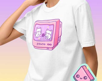 Niedliches Retro Gamer Katzen Shirt, Kawaii Rosa Gaming Grafik T-Shirt für Katzenliebhaber