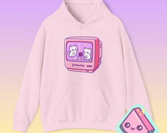 Cute Retro Gamer Cat Hoodie, Kawaii Pink Gaming Sweatshirt for Gamer Girls