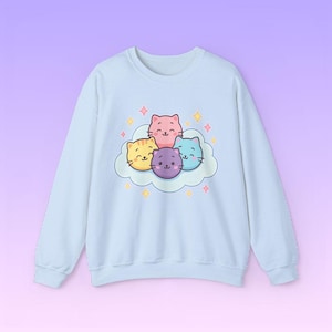 Kawaii Cat Cloud Sweatshirt, Pastel Aesthetic Cute Cat Crewneck, Harajuku Yume Kawaii Sweater, Cozy Pastel Pullover