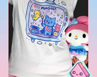Fairy Kei Kawaii Tee, Yume Kawaii Pastel Retro TV Cat Shirt, Magic Show Cat Graphic Tee, Harajuku Aesthetic Pastel Shirt – Cat TV Series 3