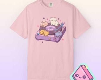 Kawaii Cat Record Player T-Shirt, Fairy Kei & Yume Kawaii Harajuku Pastel Tee for Music Lovers, Purrfect Spin Comfort Colors Shirt