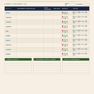 May include: A student assignment tracker with a navy blue header that reads "Student Assignment Tracker." The tracker includes sections for weekly assignment logs, weekly goals, upcoming tests, and notes. The tracker is designed to help students stay organized.