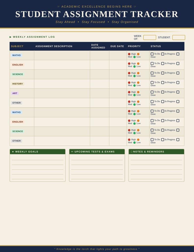 Student Assignment Tracker Printable | Dark Academia | Middle High ...