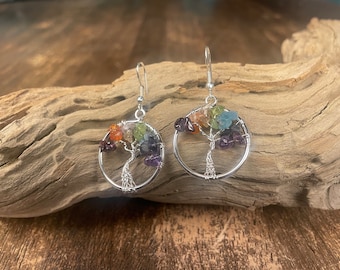Seven chakras tree of life gemstone earrings