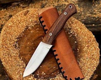 Handmade Carbon Steel Skinner Knife, Wood Handle, Leather Sheath, Outdoor Camping Tool