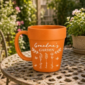 Personalized Grandma Garden Mug, Birth Flower Plant Pot Mug, Grandchildren Names Mug, Gift for Grandma, Custom Garden Coffee Cup