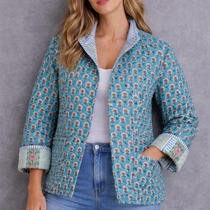 Turquoise gewatteerd jack met blokprint, Indiaas katoenen jack, handgemaakte bloemenjas damesjassen