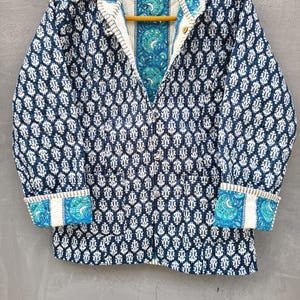 Blaue Indigo Block Print Jacke, Gesteppte Baumwolljacken, Handgemachte Indische Jacke, Stil Wintermantel