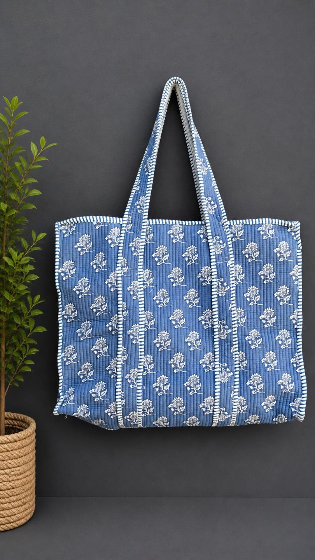 Blue Floral Block Print Quilted Cotton Tote Bag, Handmade Shoulder Bag ...