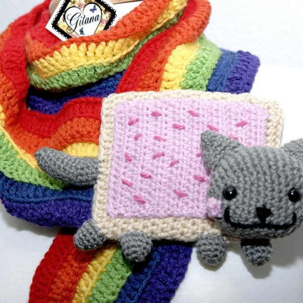 Nyan Cat Scarf- Food Scarf - Meme - Pop Tart Scarf - Amigurumi Cat - Kawaii- Rainbow Scarf - Women Scarf-Rainbow Pride-Christmas Gift-Winter