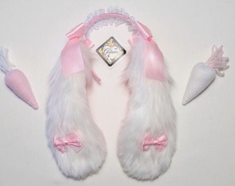 White and Pink Floppy Bunny Ears, Floppy Puppy ears, Bunny Headband,Bunny Costume,Cosplay,Harajuku,DDLG,Lolita, Fairie Kei,Realistic Ears