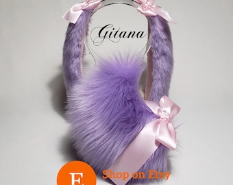 Faux Fur Lavender Bunny Ears and Tail Set, Floppy Lolita Cosplay Costume Floppy