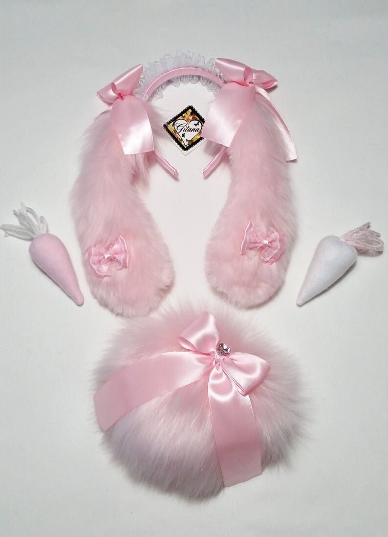 Pink Floppy Bunny Ears and Tail bunny Ears Headband pet Play bunny