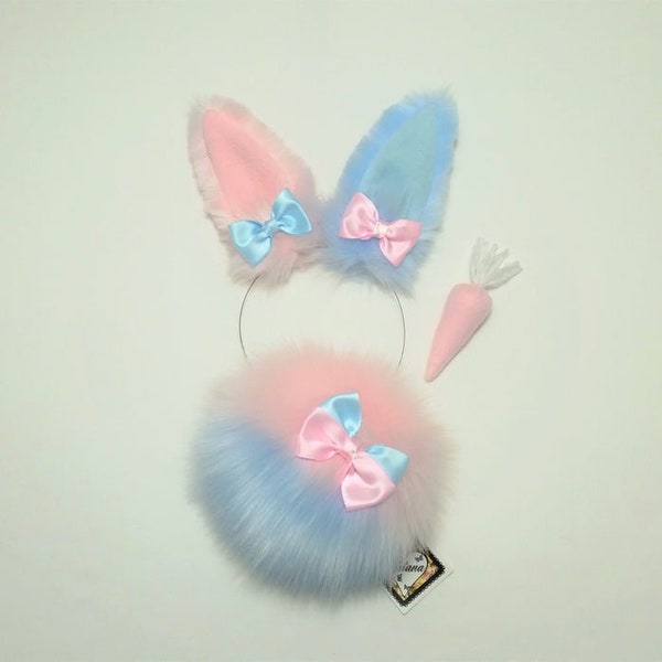 Cotton Candy Bunny Ears and Tail,Bunny Ears Headband,Bunny Costume,Cosplay, Lolita,Farie Kei,Harajuku,Bunny Ears,Cat ears and Tail,Halloween