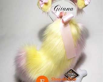 Yellow Pink Faux Fur Puppy Ears Tail Set, Cosplay Costume Accessory Kemonomimi Animal Custom Furry Lolita