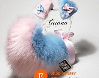 Cotton Candy Faux Fur Puppy Ears and Tail Set, Cosplay Costume Accessory kemonomimi Realistic Custom Lolita Furry