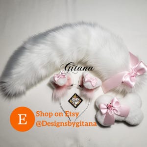 White Puppy Ears and Tail,Puppy Ears Headband,Puppy Costume,Cosplay,Party Favor, Birthday,Harajuku,Puppy Ears,Cat ears and Tail,Halloween Set of 3 -Bows