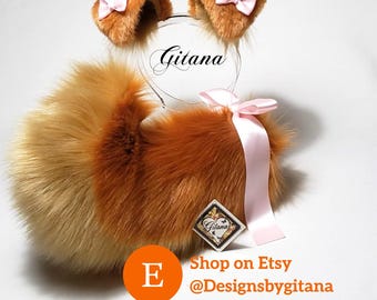 Faux Fur Sassy Ears and Tail Set, Ginger Blonde Costume Accessories Kemonomimi Furry Realistic Animal Cosplay DDLG Puppy