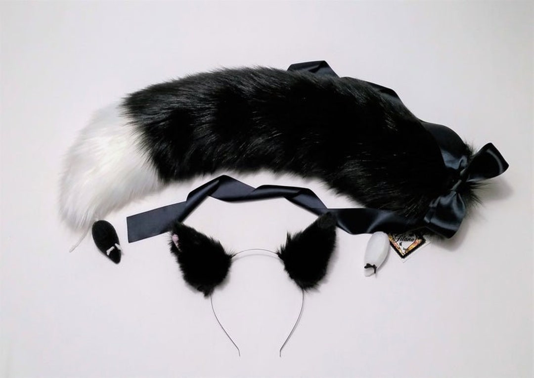 Black and White Cat Ears and Tailcat Headbandcat Tailfox Etsy