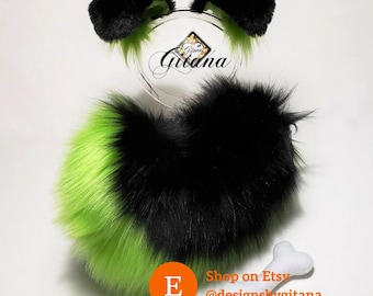 Black Green Faux Fur Puppy Ears Headband and Tail Set, Cosplay Costume kemonomimi Custom Realistic Petplay Furry