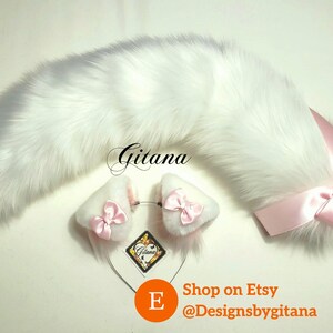 White Puppy Ears and Tail,Puppy Ears Headband,Puppy Costume,Cosplay,Party Favor, Birthday,Harajuku,Puppy Ears,Cat ears and Tail,Halloween Ears and tail-Bows