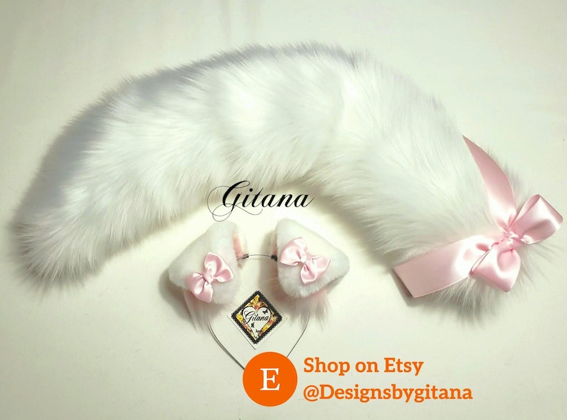 White Puppy Ears and Tail,Puppy Ears Headband,Puppy Costume,Cosplay,Party Favor, Birthday,Harajuku,Puppy Ears,Cat ears and Tail,Halloween Ears and tail-Bows
