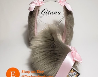 Faux Fur Floppy Bunny Ears and Tail Set, Cosplay Costume Accessory